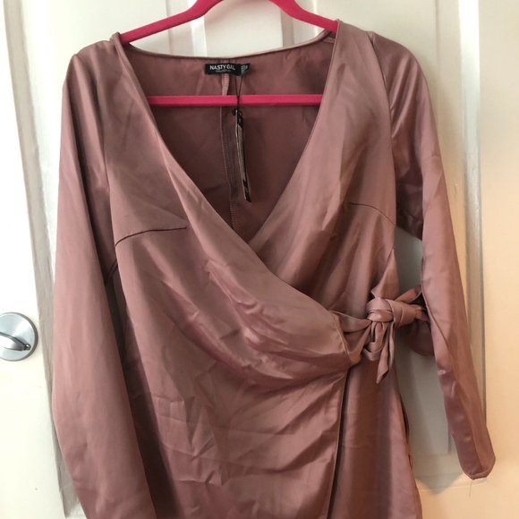 Nasty Gal Dresses & Skirts - Petite Long Sleeve Satin Mini Wrap dress